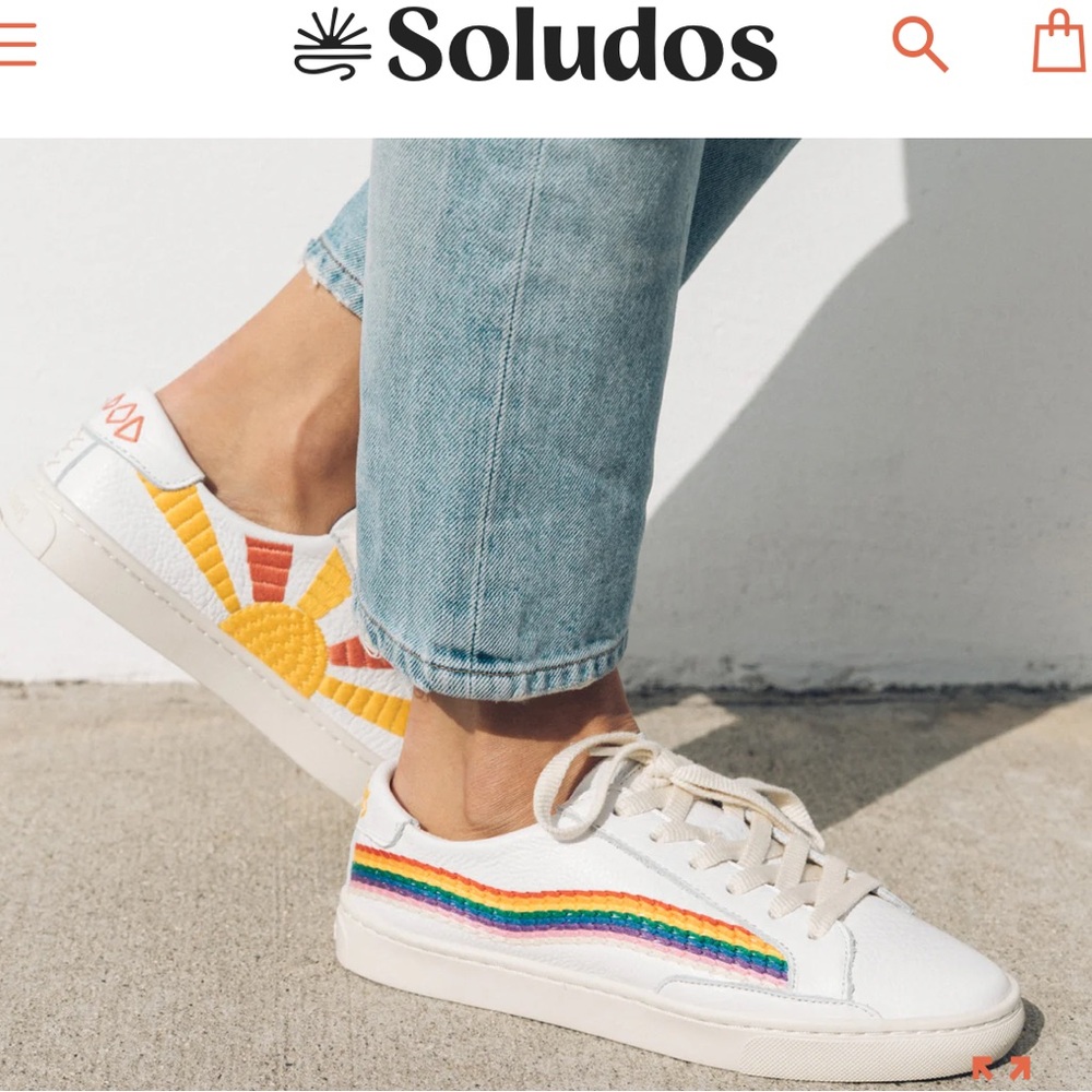 SOLUDOS Sz 9 IBIZA Good vibes, rainbow stitched leather sneakers boho festival